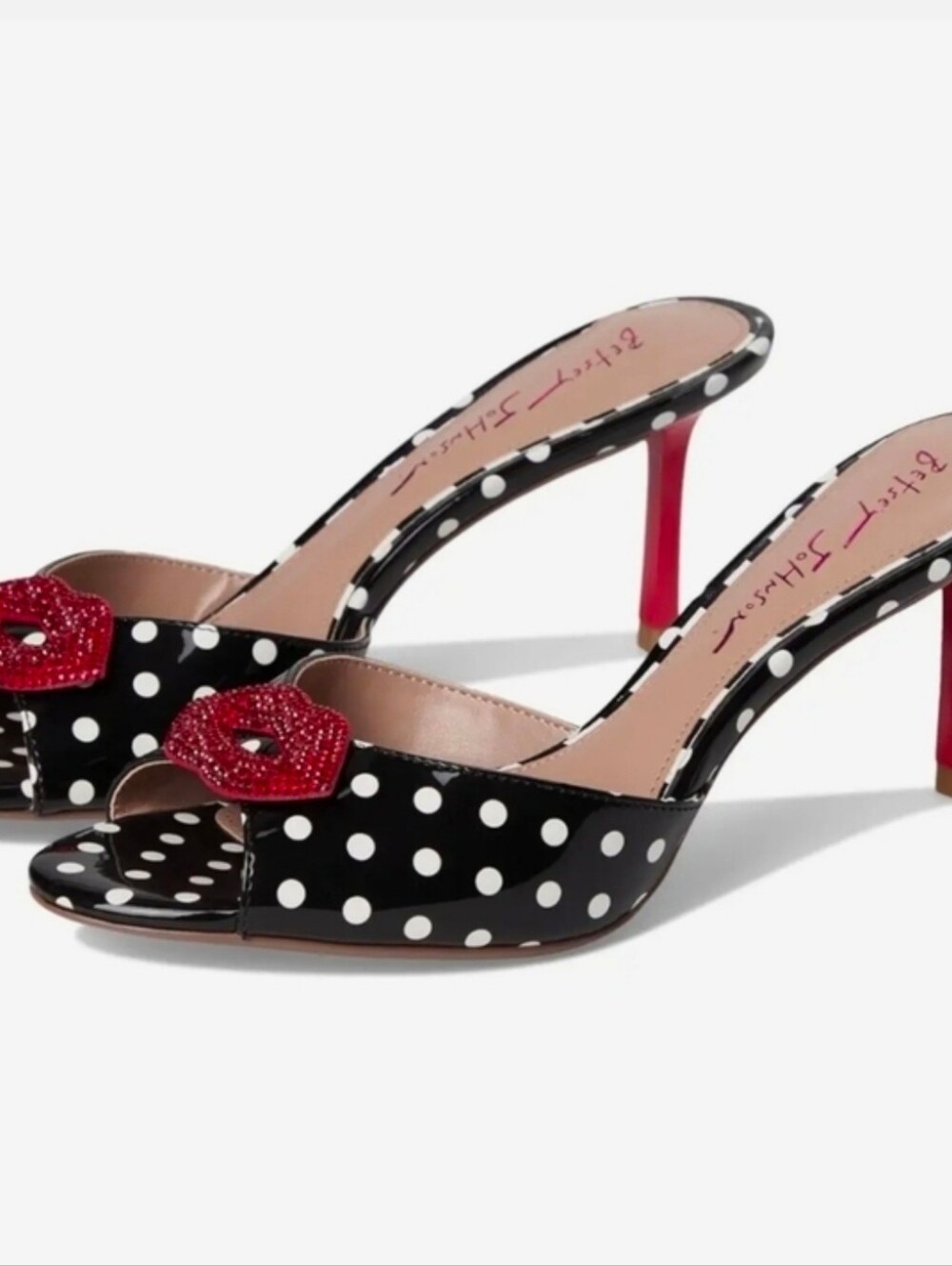 👉✨️ Betsey Johnson Black White Polka Dot Mule Casidy  Red Lip Accent Heel Mules